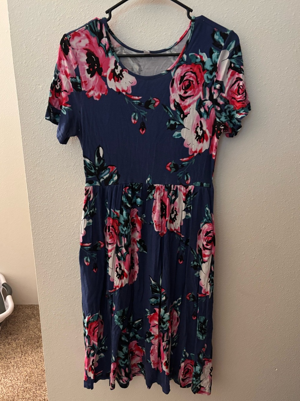 Navy Floral Midi Dress with Pink Rose Print
